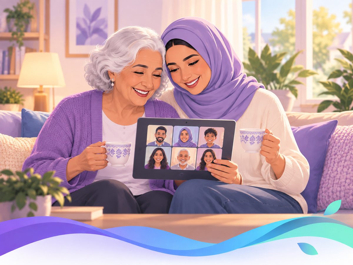 A grandmother and her daughter joining together on a tablet, tea in hand
