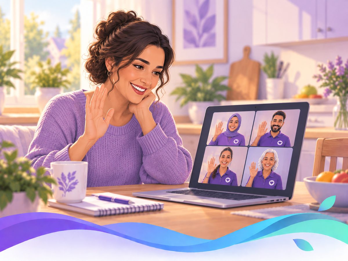 A mother at her kitchen table waving to a small video room of local helpers