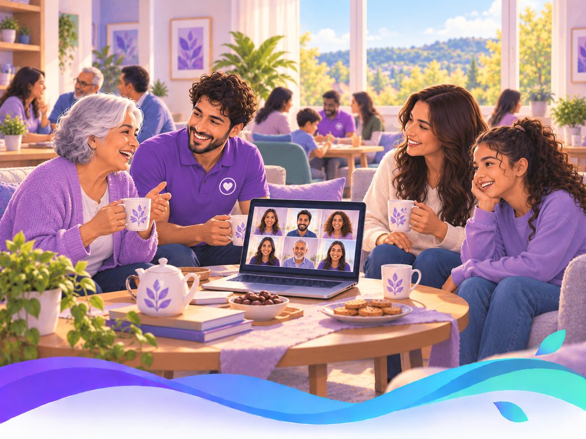 Neighbours of every age sharing tea in a bright community room, with more joining on a laptop
