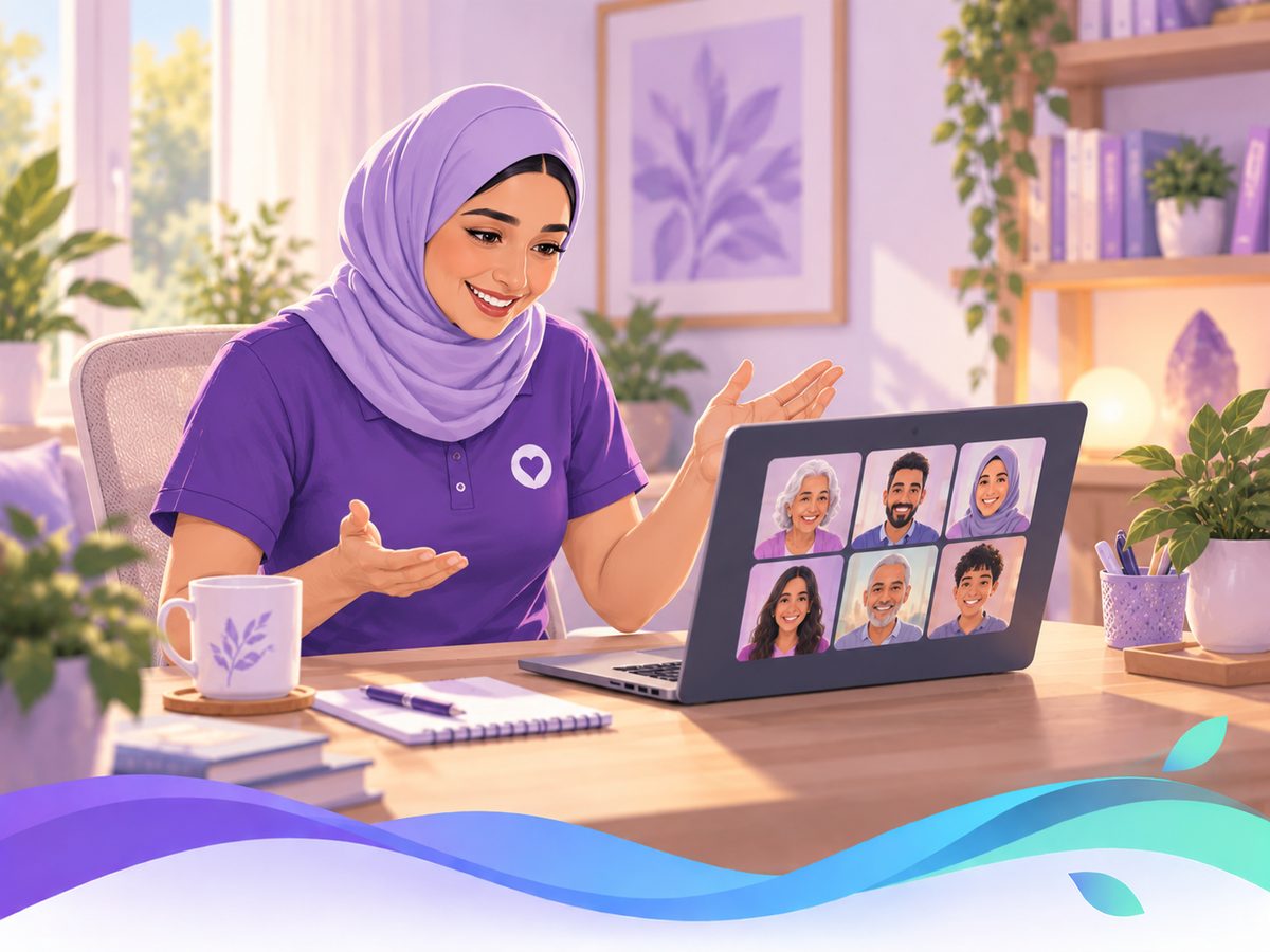 A therapist at a tidy desk, welcoming visitors into her room