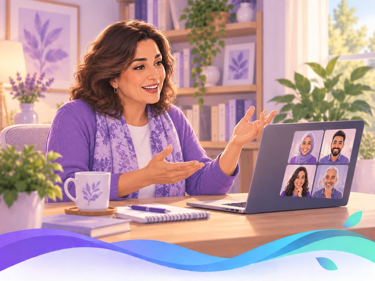 A speaker teaching warmly from her home office to a screen of nodding faces