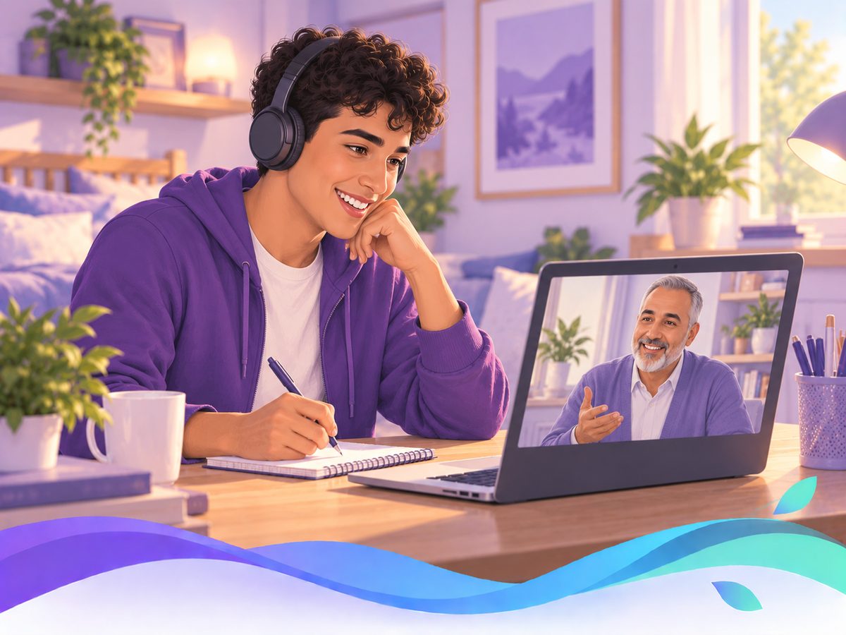 A young man on a video call with a mentor, both smiling
