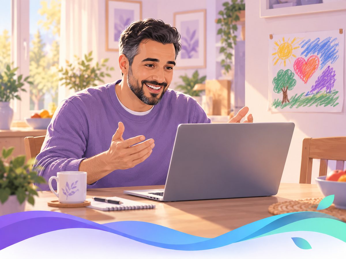 A father speaking openly into his laptop camera, a child's drawing behind him