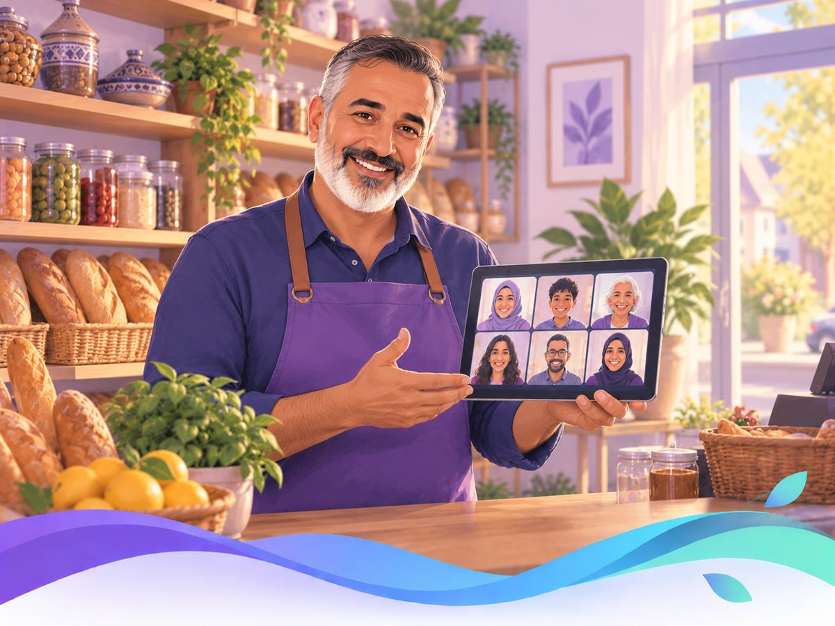A local shop owner holding a tablet full of community faces, quietly proud