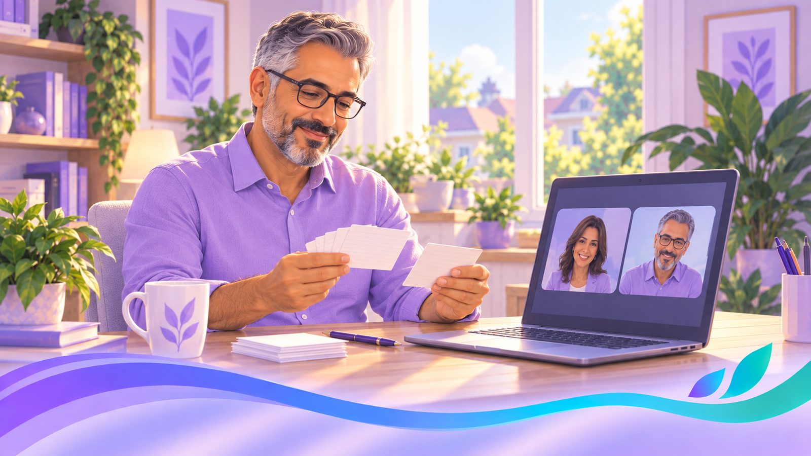 A session host sorting his question cards at his desk before an online interview