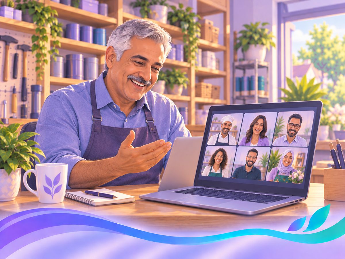 Local business owners laughing together on a friendly video call after a community event