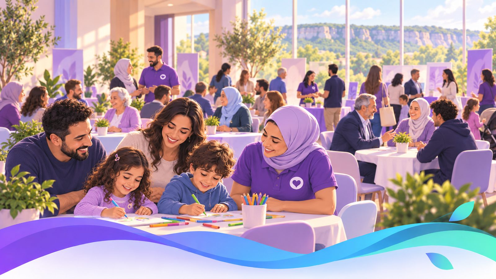 A bright community hall, families of every age at round tables, talking and laughing