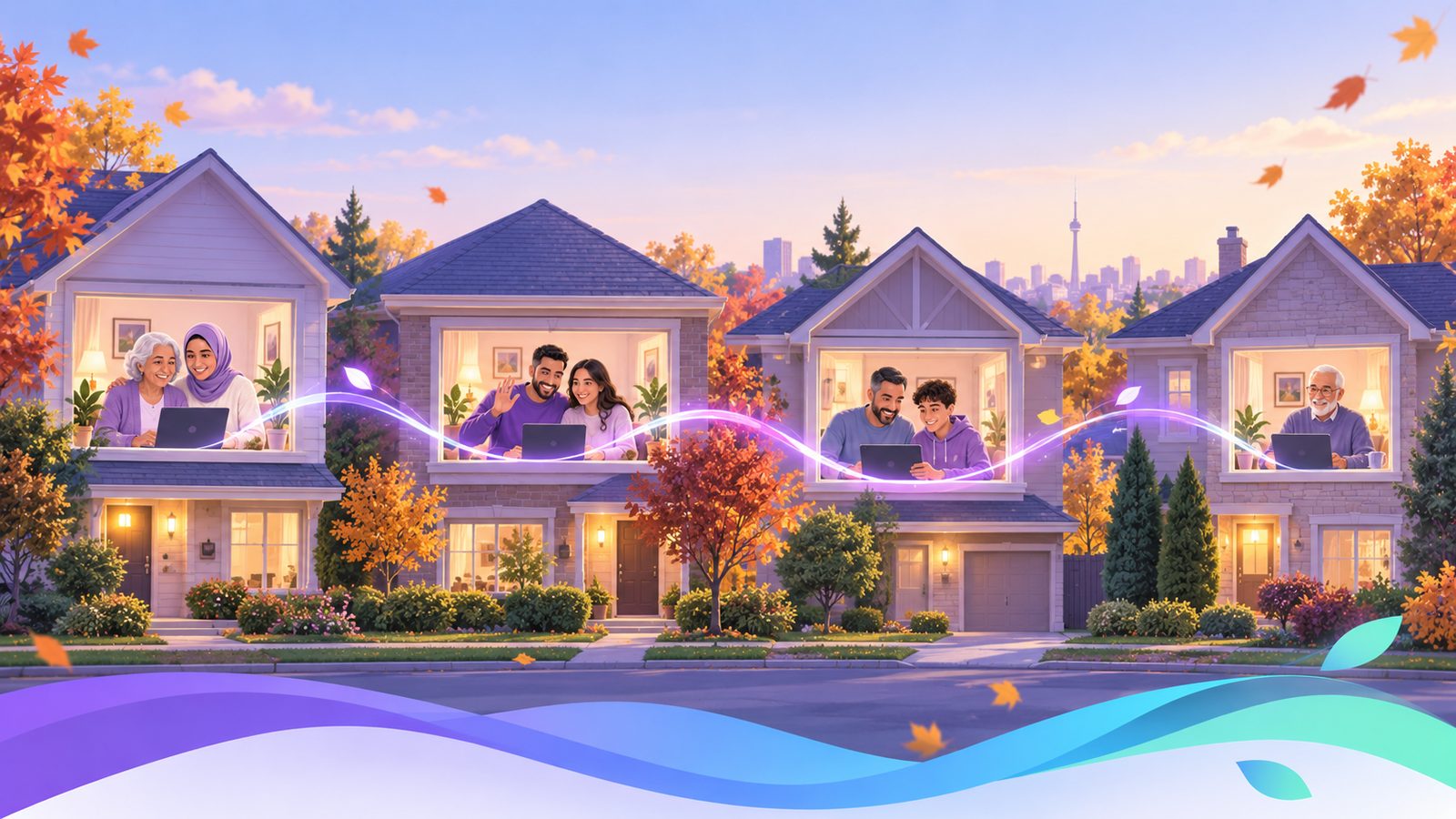Four homes on one autumn street, each household joining the same online gathering