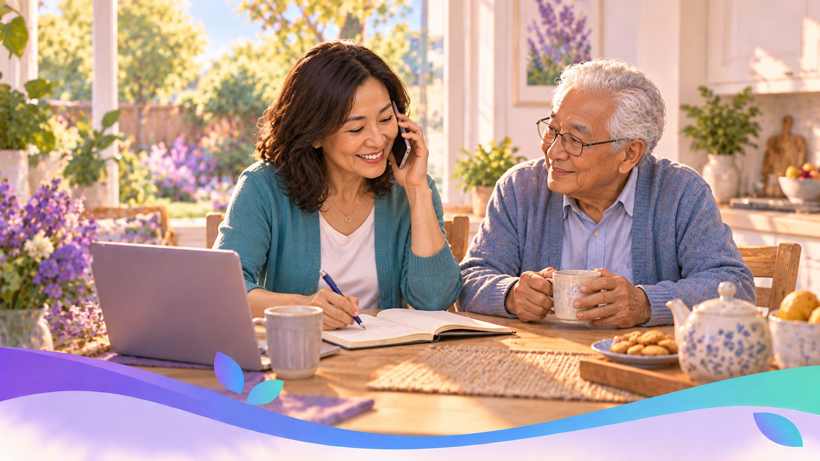 An adult child and a Family Advocate talking over tea, unhurried