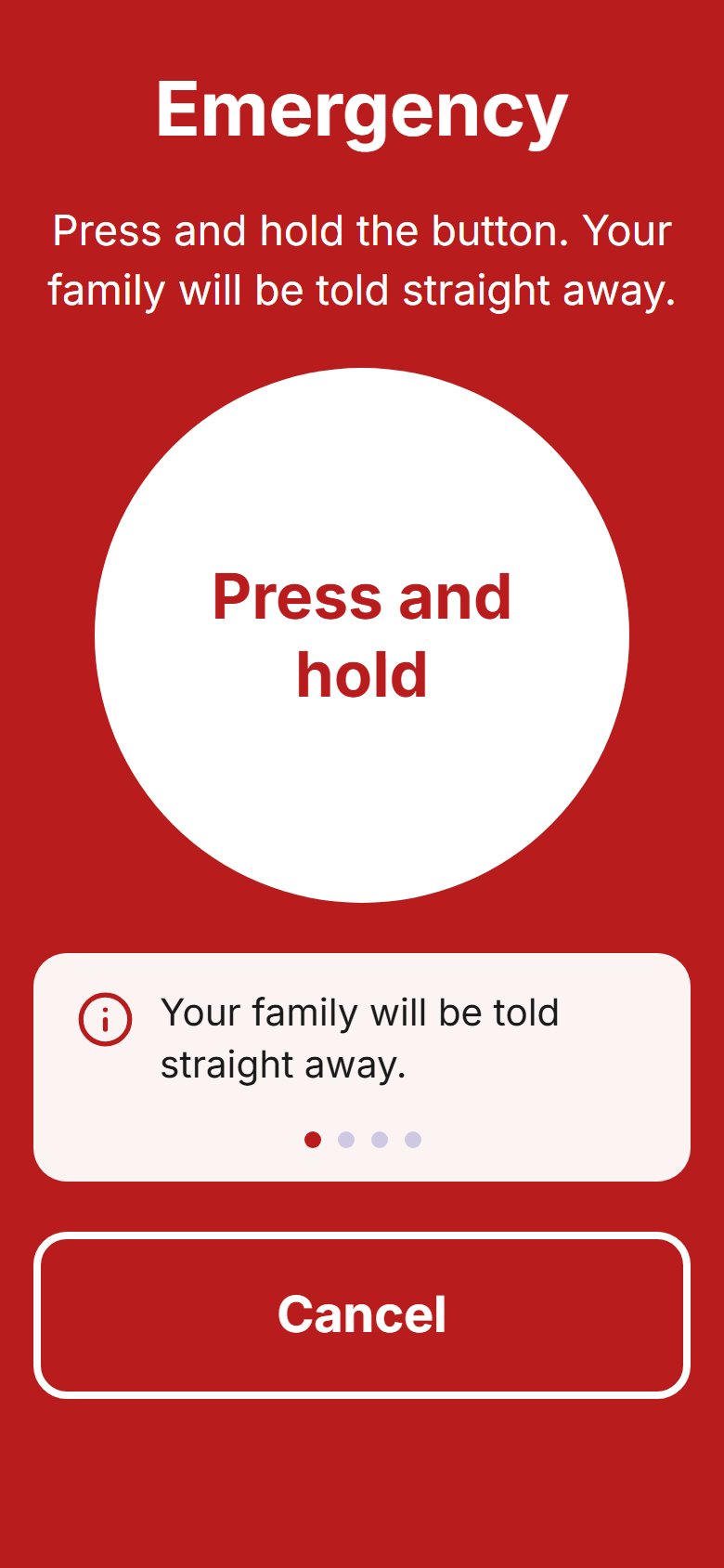 The app's Emergency screen, with one large button to press and hold