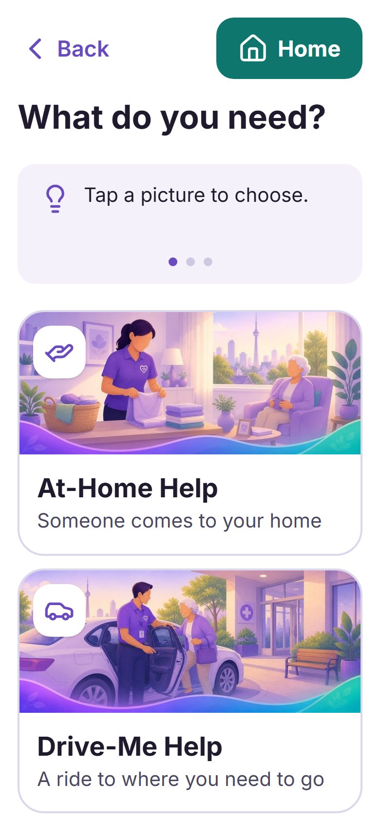 The app's Get help screen, with three big choices: At-Home Help, Drive-Me Help, Errands and Tasks