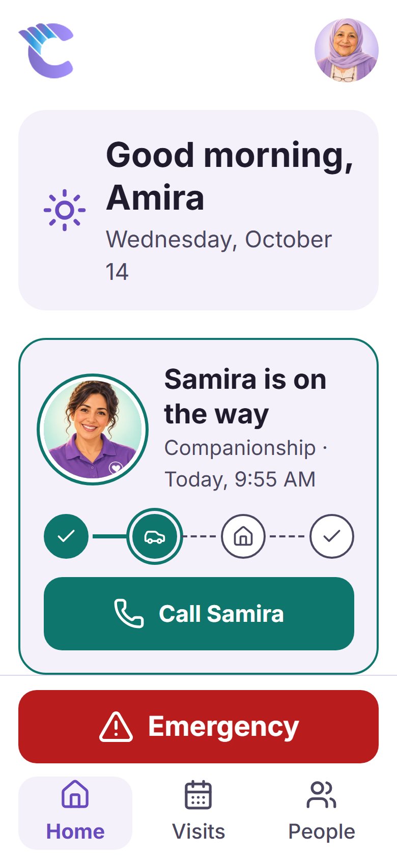 The app's Home screen, showing a greeting, who is coming today, a Get help button and the Emergency button
