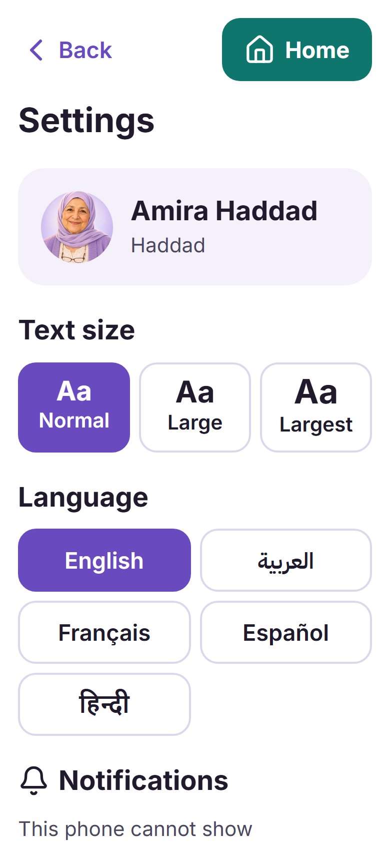The app's Settings screen, where the text size and the language are chosen