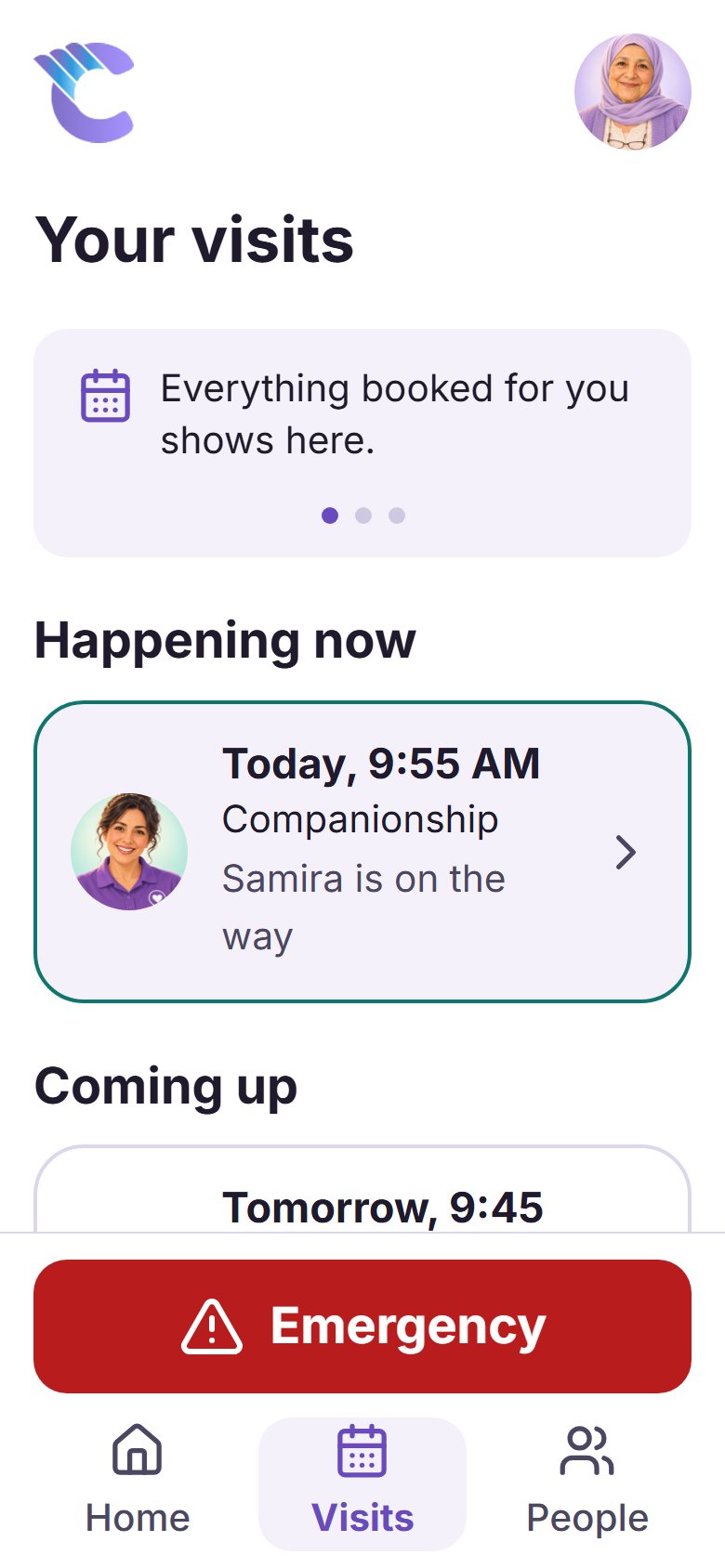 The app's Visits screen, showing a helper on the way and the visits coming up