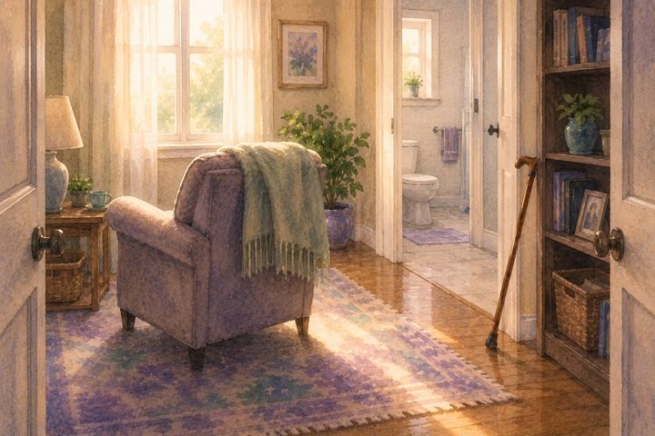 A small sunlit living room with a wooden cane leaning unused in the corner and a hallway beyond to a bathroom with no grab bar by the toilet