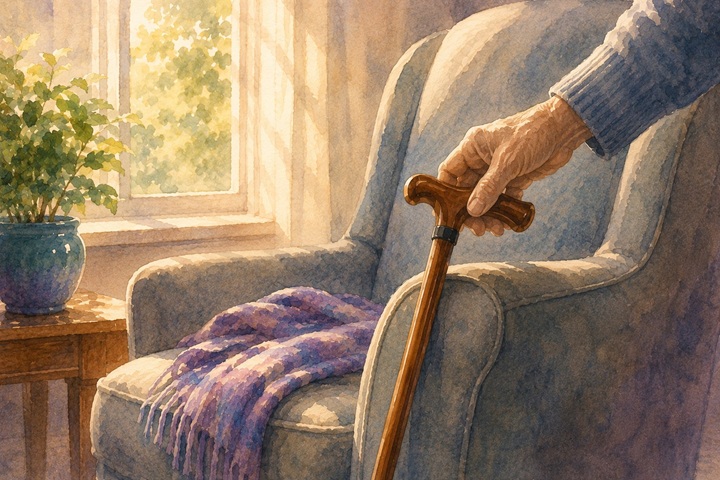 A hand rests a wooden cane against the side of a sunlit armchair within easy reach of the seat, with a folded shawl on the chair