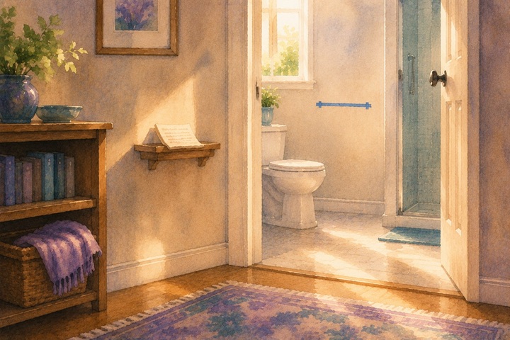 A bathroom doorway in late-morning light with a folded note on a small shelf and a piece of painter's tape marking where a grab bar could be installed