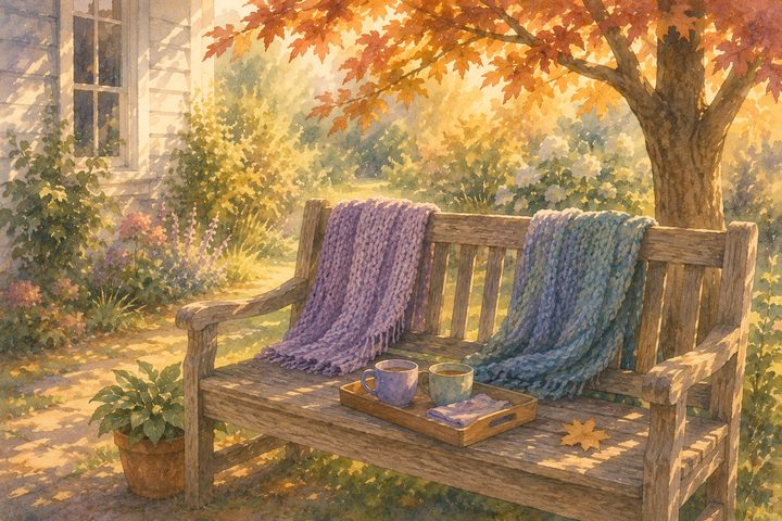 A weathered garden bench under a maple tree in late-afternoon golden light, two folded shawls draped over its back and a tray with two pottery mugs on the seat · an unhurried invitation to begin a hard conversation outdoors