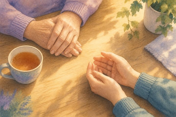 Two pairs of hands resting on a wooden kitchen table in soft light, one older and one younger, the moment of listening, watercolour