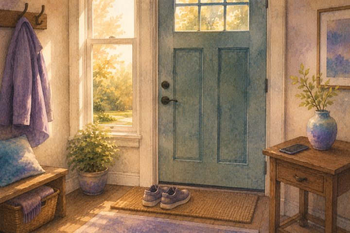 A front door seen from inside an entryway in soft afternoon light, a coat on a hook and a phone on a side table, watercolour