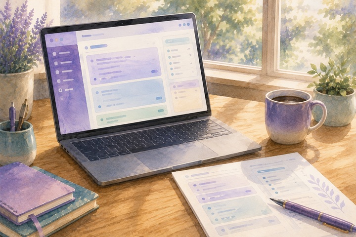 A wooden desk in soft morning light with a laptop open to a care-plan editor, a printed page beside it, and a cup of coffee at the upper right