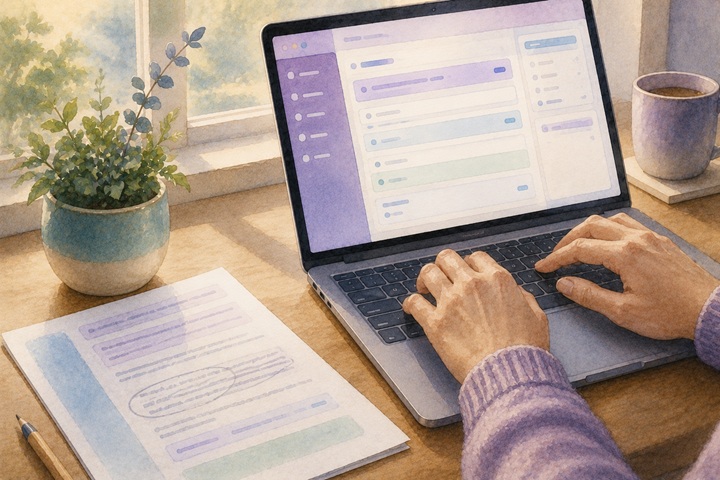 Close-up of hands typing into a soft-coloured form editor with a printed page beside the laptop showing one paragraph circled in pencil