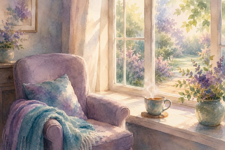 A quiet cup of tea steaming on a sunlit windowsill beside an empty comfortable chair with a folded blanket, an unhurried invitation to rest
