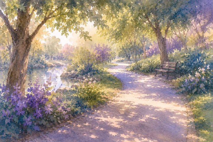 A peaceful tree-lined park path in soft afternoon light with a distant bench, the sense of an hour finally taken for oneself outdoors