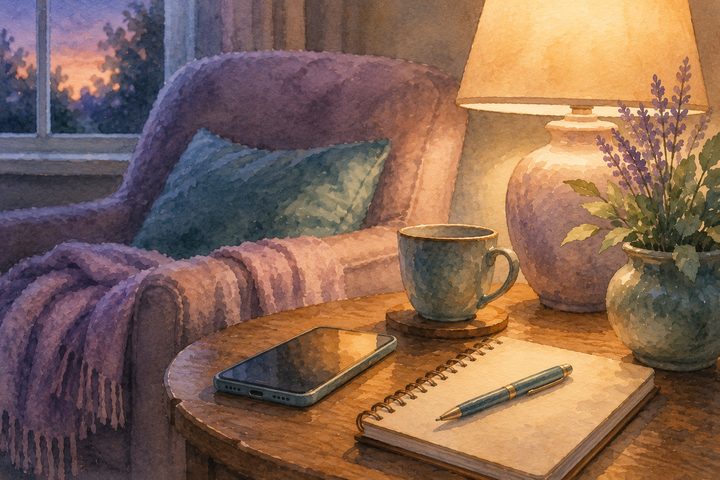A phone resting on a side table beside a warm lamp and a small notepad in soft evening light, the quiet moment before reaching out to someone who cares