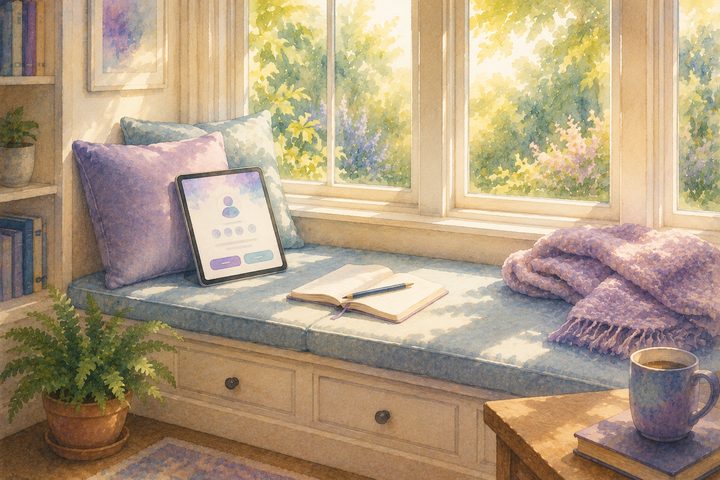 A tablet propped on a sunlit bay-window reading-nook bench, the screen suggesting a provider profile card, a folded throw and an open notebook beside it · a quiet room set aside to consider someone