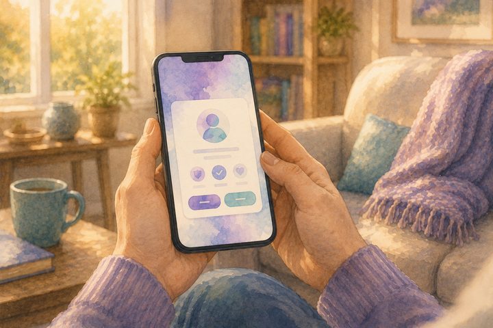 Two hands holding a phone showing a soft watercolour suggestion of a provider approval card, in late afternoon light with a folded blanket out of focus behind