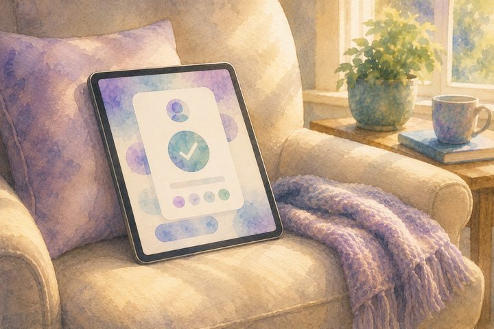 A tablet resting on an armchair cushion showing an approval-state card with a soft checkmark · the quiet relief after a thoughtful choice