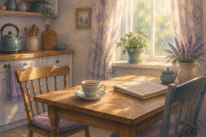 A quiet morning kitchen with two chairs facing each other across a table, a teacup, and soft light through the window