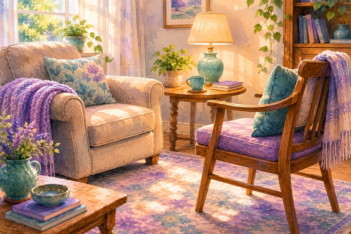 Two chairs in a warm living room set at eye level facing each other beside a reading lamp