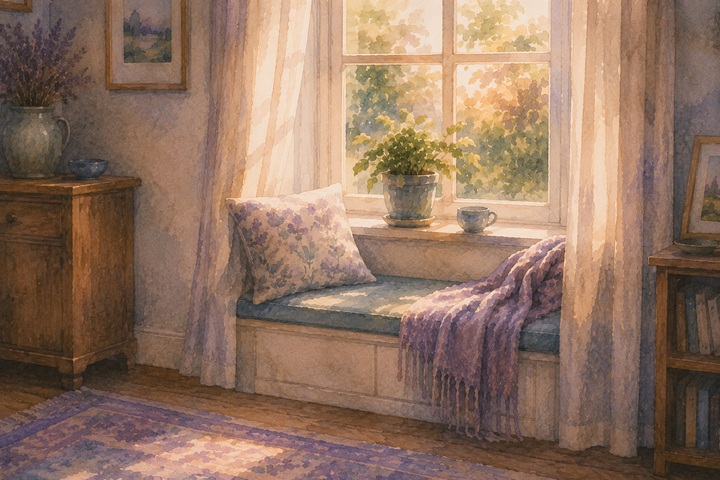 A quiet window seat with a cushion, a folded shawl, and warm afternoon light through the window