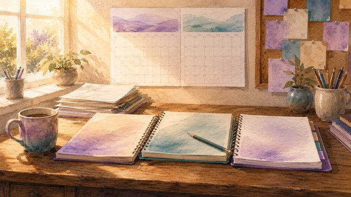 Wide view of a worn desk with three open notebooks, layered papers, and a two-month wall calendar in warm late-afternoon light