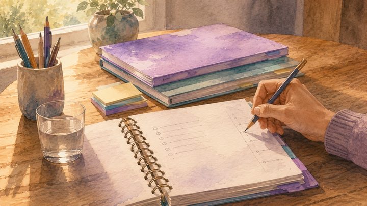 Close view of a hand poised over an open care plan with pencilled margin notes on a sunlit kitchen table