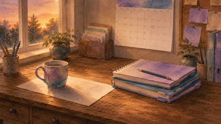 Closing view of the same wooden desk at evening with notebooks stacked closed and a single weighted sheet in front