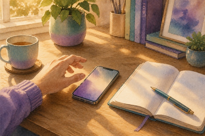 A phone on a wooden desk in late-afternoon light with a hand reaching toward it and an open notebook with a pen across it beside the phone