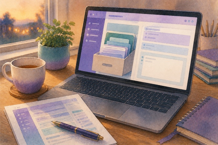 A close-up of a laptop showing a family record drawer with a note being typed, a pen on a printed care plan beside the laptop, and a half-finished cup of tea in soft evening light
