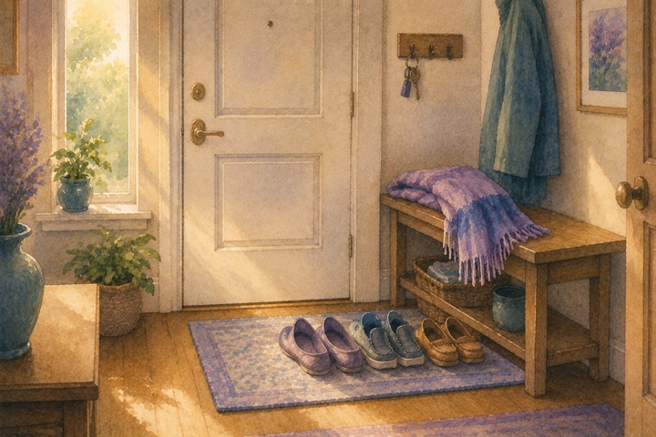 A warm front entryway with shoes lined up on a mat, a bench with a folded shawl, and soft afternoon light