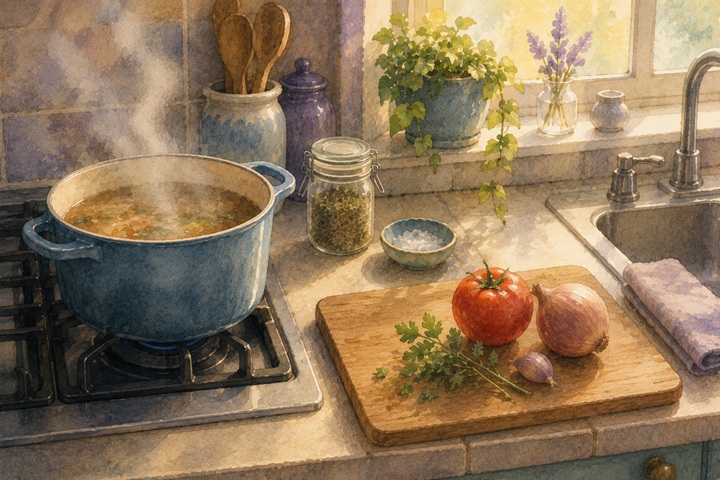A home kitchen counter with a small pot on the stove, a cutting board with fresh vegetables, and warm afternoon light