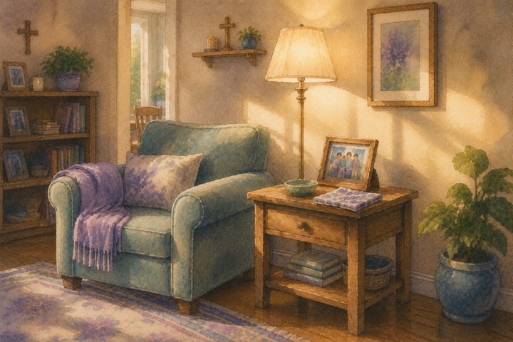 A quiet living room corner with a side table, a framed family photo, a floor lamp, and soft afternoon light