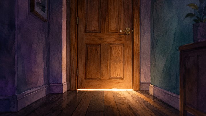 Low-angle wide of a firmly closed wooden interior door in morning light, a thin warm band leaking under the threshold
