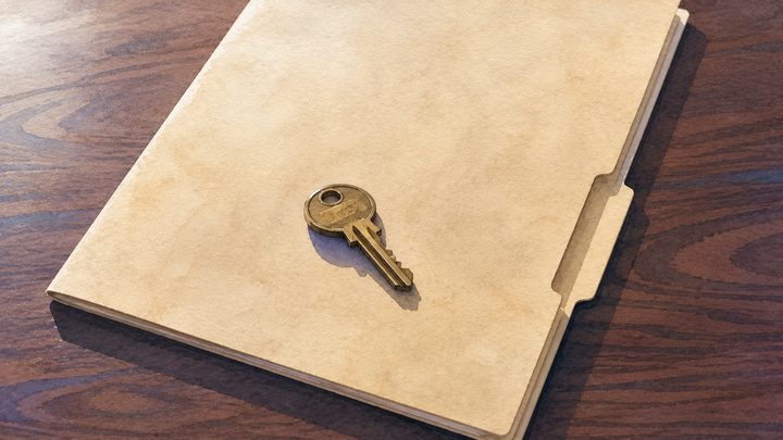Close-up at midday of a single small brass key resting on a closed manila folder atop a polished wood surface
