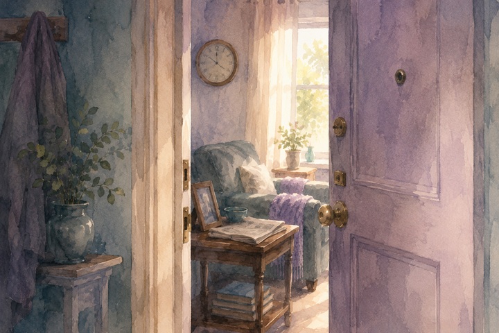 A quiet apartment doorway opens onto a living room with a side table, a wall clock, and a framed photograph turned toward the wall