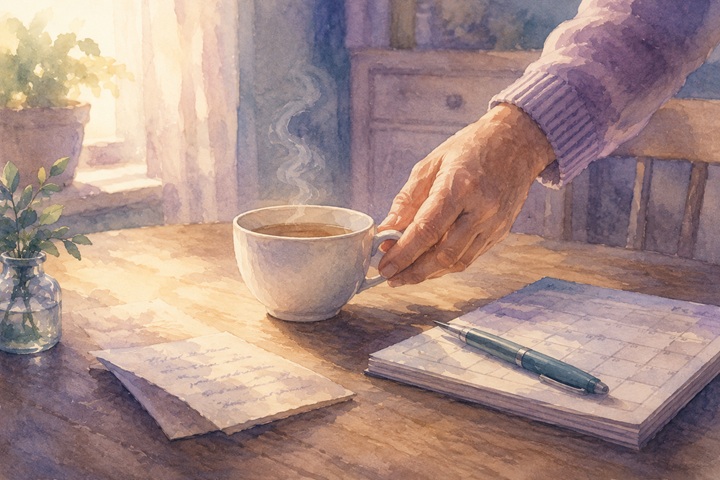 A hand sets a teacup beside a calendar and a folded handwritten note on a sunlit wooden kitchen table
