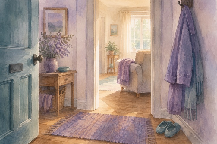 A small home seen from the front door at eye level, with a worn welcome mat, a coat on a hook, and a sunlit living room beyond.