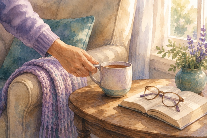 A close-up of a helper's hand placing a ceramic mug of tea on a wooden side table beside an armchair, with a folded blanket and an open book nearby.