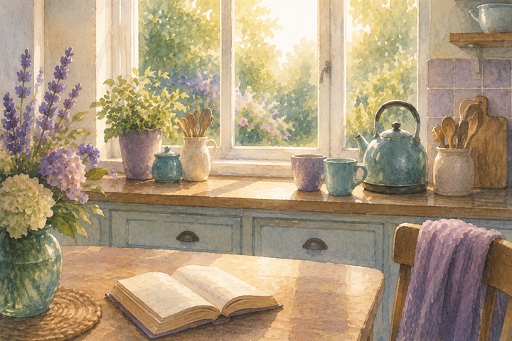 A quiet kitchen window at counter height, a kettle and two ceramic mugs on the counter, an open book on the table in late afternoon light.